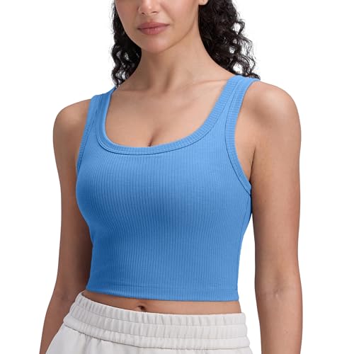 Image of CRZ YOGA Ribbed U Neck Crop Tank Tops | Medium Support, Removable Pads, Casual, Wide Straps, Longline Sports Bras for Women