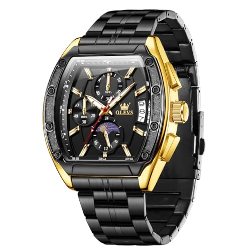 OLEVS Herrenuhr, 42x41mm tonnenförmiges Zifferblatt, Edelstahlarmband, kratzfestes Glas, 30m wasserdicht, Quarzwerk, modische Business-Armbanduhr