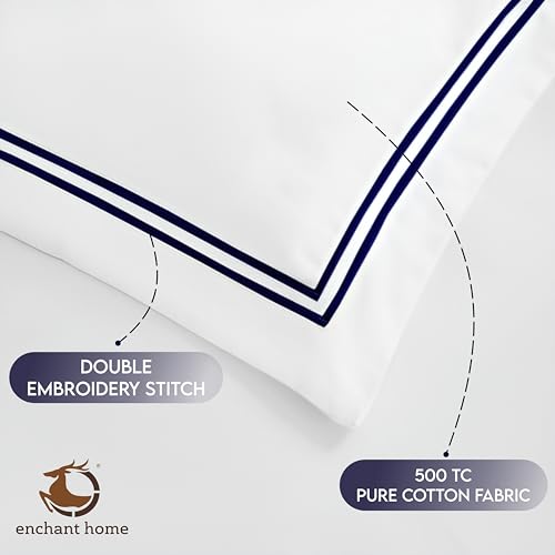 Image of Pure Cotton 500 TC Solid Pillow Cover Set | Greek Embroidered Pillow Cover Set | Percale Weave | 18 X 27 Inches (2, White - Navy Blue)