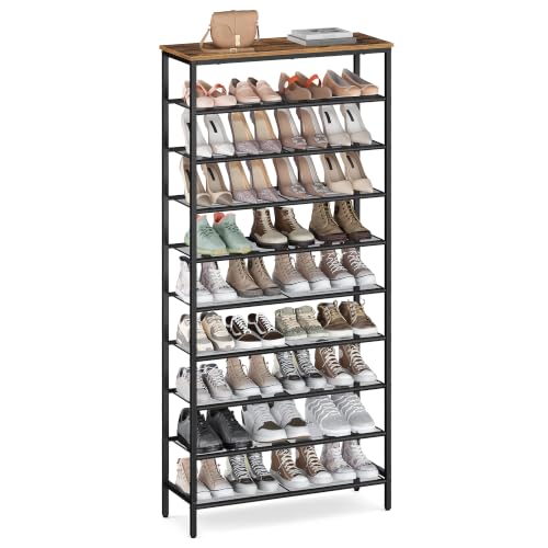 Image of VASAGLE Shoe Rack with 9 Mesh Shelves and 1 Large Top for Bags, Steel Frame | Shoe Organizer for Closet, Entryway Hallway, Industrial, Rustic Brown and Black, DACEY Collection ULBS113KD01