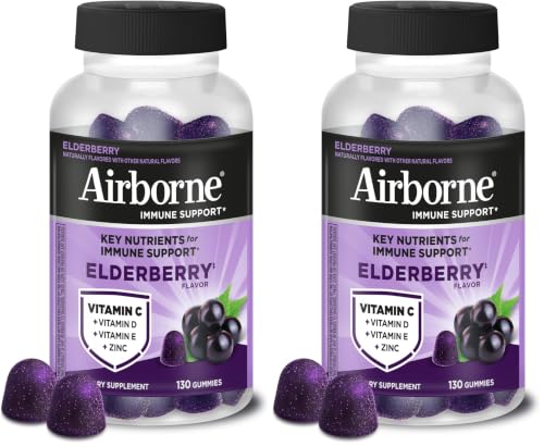 Image of Airborne Elderberry + Zinc & Vitamin C Gummies for Adults,Immune Support with Antioxidants Vitamins C,D & E,Elderberry Flavor,130 Count (Pack of 2)