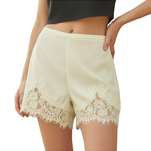 Short en satin avec bordure en dentelle pour femme taille basse