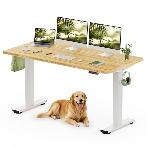FLEXISPOT Solid Bamboo Standing Desk 60 x 30 Real Bamboo Desktop with Natural Grain Durable & Sustainable Workstation for Home Office and Multi-Monitor Setups (White Frame)
