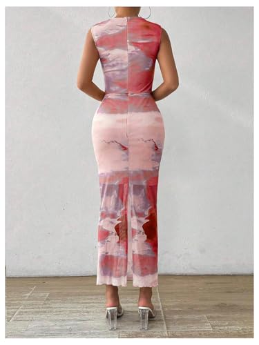 Image of Milumia Women's Printed Mock Neck Bodycon Maxi Dress Sleeveless Mesh Long Dress Party Cocktail