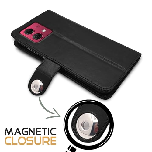Image of Pikkme Motorola G84 5G Flip Cover Leather Finish | Wallet Stand and Shock Proof | Inside TPU with Card Pockets | Complete Protection Button Flip Case (Black)