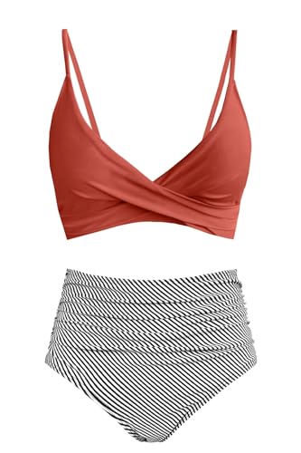 Image of Amy Babe Women's High Waisted Bikini Sets Push Up Twist Front Spaghetti Straps Ruched Two Piece Swimsuit Bathing Suit