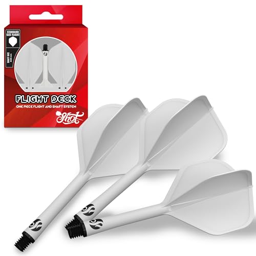 Shot! Darts Flight Deck One Piece Dart Flight and Shaft System, Reduced Deflections, Standard Shaped Flight (350 Micron), Available in Set of 3, Medium Length in White Color