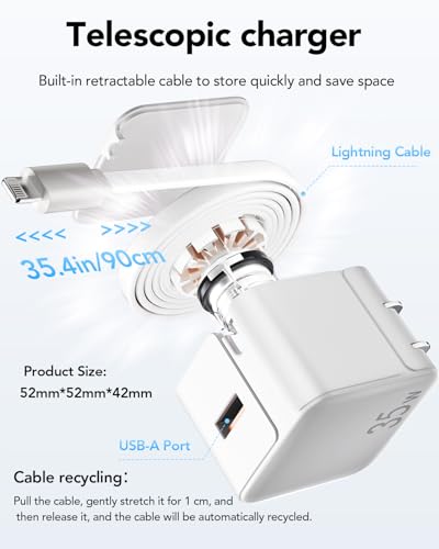 Retractable Wall Charger,35W PD Fast USB Charger Block with Retractable Lightning Cables for iPhone,Portable Charger Adapter with Foldable Plug for iPhone14/13/12,iPad,Air-Pods
