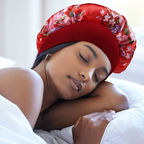 LADES Silk Satin Bonnet-4 Packs Women Satin Hair Bonnet for Curly Hair Satin Bonnet Silk Sleep Cap Silk Hair Wrap for Sleeping Black Hair - Image 4