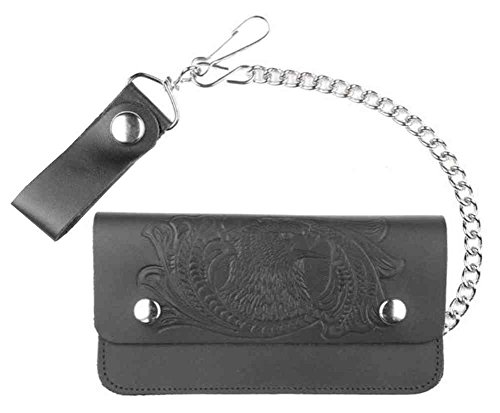 Genuine Leather Men's Embossed Eagle 8 in Trucker Chain Wallet, Black TW401-32