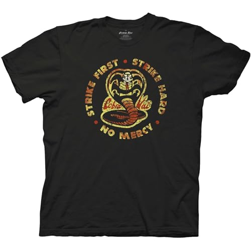 Ripple Junction Cobra Kai Mens Short Sleeve T-Shirt Strike First Strike Hard No Mercy Distressed Logo XL Black