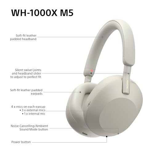 Sony WH-1000XM5 Hard Case Premium Noise Cancelling Wireless Over-Ear Headphones, Bluetooth, Clear Call Quality, Hi-Res Audio, Up to 30hr Battery Life, Includes Hard Case, iOS & Android - Silver - 11