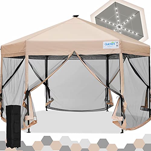 Quictent 13â€™ X 13â€™ Hexagonal Gazebo with Solar Powered LED Lights Pop up Canopy Tent with Mosquito Net ,Easy up Screened Canopy Gazebo, Beige