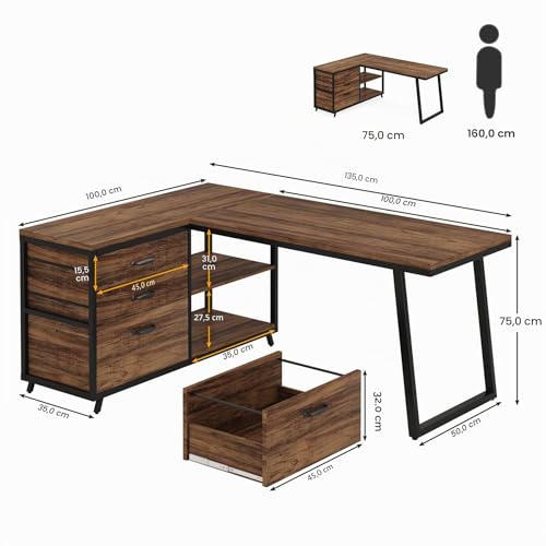 Bureau d'angle pivotant avec 3 tiroirs Tribesigns, table d'ordinateur industrielle 135cm - 3