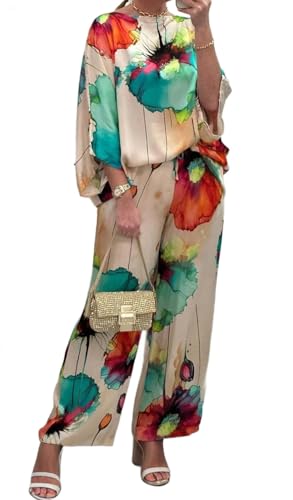 Ensemble d'été fleuri en satin texturé et pantalon fluide de qualité