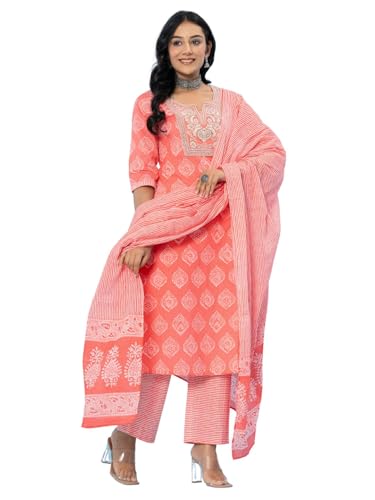 Image of Amayra Women's Cotton Embroidered Straight Kurta with Palazzo Pant and Dupatta Set