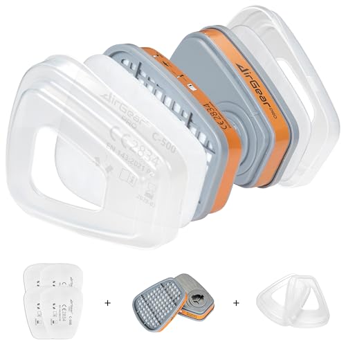 AirGearPro F-500 Cartouches Charbon Actif A1 avec 4x Filtres à Poussière P2 pour Masques de Protection Respiratoire G-500/ M-500/ G-750, Anti Poussière pour Peinture, Travaux, Bricolage, Ponçage