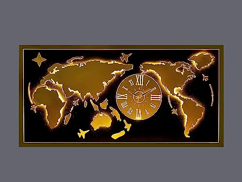 Image of METSY Metal Laser Cut (World Map with Analogue Clock) with LED Strip Lighting | World Clock Map for Wall |(Golden World map) (4x2) feet | Metal Wall Art | Wall Decor Items