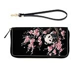 ZQLPLZR RFID-Blocking Zip-Around Wristlet for Women - Large Capacity Credit Card Holder with Detachable Strap, Fashion RFID Blocking Wallet,Panda with Cherry Blossoms