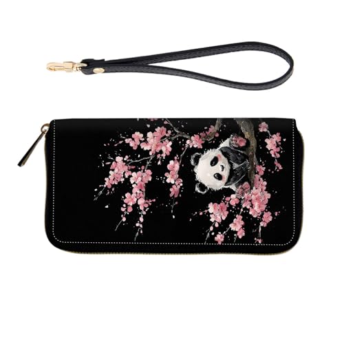 ZQLPLZR RFID-Blocking Zip-Around Wristlet for Women - Large Capacity Credit Card Holder with Detachable Strap, Fashion RFID Blocking Wallet,Panda with Cherry Blossoms