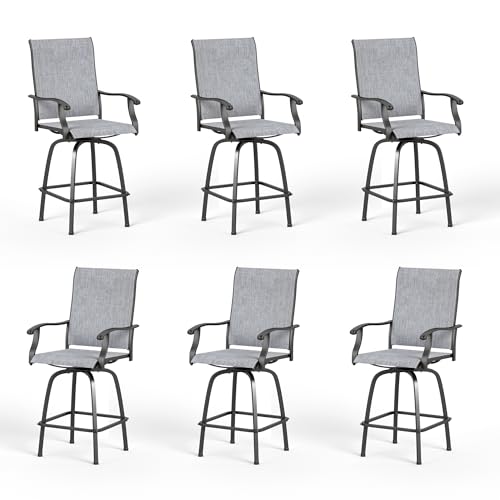 Image of PHI VILLA Outdoor Swivel Patio Bar Stools Set of 6, 30 Inch Bar Height Tall Patio Chairs with Back & Armrest, Durable Textilene Fabric in Grey for Deck Lawn Garden