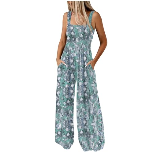 Women's Jumpsuits Casual Loose Overalls One Piece Sleeveless Floral Printed Wide Leg Long Pant Ladies Dungarees Rompers with Pockets