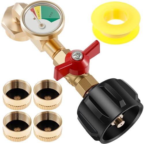 Propane Refill Adapter with Gauge and Control Valve, 90 Degrees Elbow Solid Brass Propane Refill Adapter, Reusable Propanes Tank Adapters for Filling 1 lb Bottle