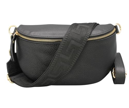 Brise Art Bauchtasche Damen Echtleder SAHEL Gold Handgemachte Umhängetasche Crossbody Bag Hüfttasche mit Ledergurt + Optionalen Breiten Gemusterten Riemen Gürteltasche Made in Italy (Schwarz-Gold 4)