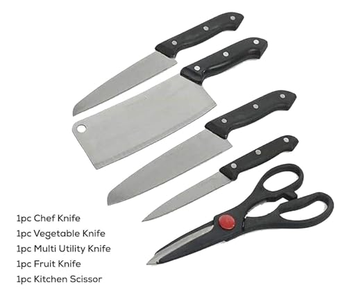 Image of 5-Piece Stainless Steel Knife Set with Wooden Chopping Board & Scissors - Ideal for Kitchen Fruit, Vegetable & Meat Prep