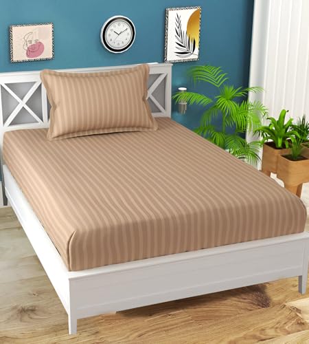 Image of 220 Cotton Feel Glace Cotton 1 Single Bedsheet with 1 Pillow Cover (90X60 Inch) Beige