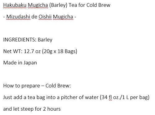 Miniatura 4 de Hakubaku Té japonés de cebada Mugicha para infusión fría (Mizudashi), sin cafeína, sin calorías, 18 bolsas de infusión fría.