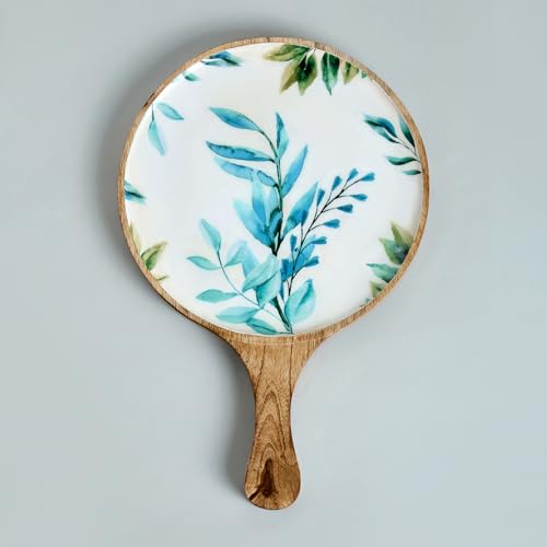 Image of SAAGA White and Aquamarine Mango Wood Pizza Serving Tray - Stylish Round Snack Plate (15x10 Inch) for Kitchen, Home, Cafes & Restaurants