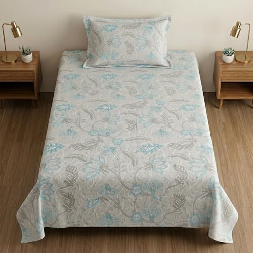 Image of Mafatlal 186 TC Metro Cotton Single Bedsheet | 90 x 60 Inch | Lightweight Comfortable Fabric with Pillow Cover | Modern Bed Linen | Storm Blue