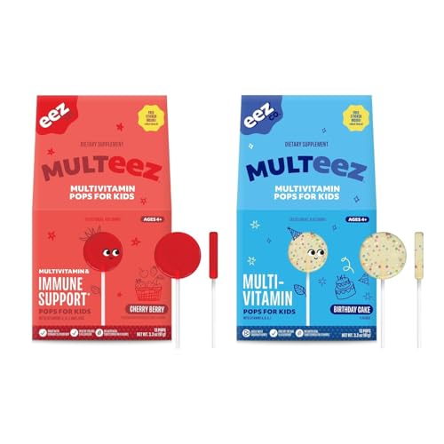 Lolleez MULTEEZ Multivitamin & Immune Support Pops for Kids, Cherry Berry and Birthday Cake 13ct