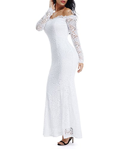 Lalagen Women's Floral Lace Long Sleeve Off Shoulder Wedding Mermaid Dress White1 Xl #TOP1