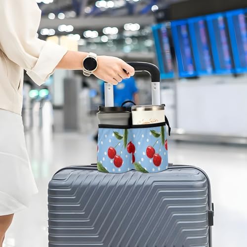 Image of Luggage Cup Holder for Suitcases Free Hands Suitcase Cup Holder Travel Luggage Drink Holder Portable Luggage Cup Caddy Bag Carrier with Handle Light Blue Dots Red Cherry