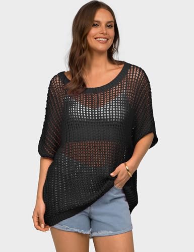 UEU Womens Summer Short Sleeve Crochet Tops Casual Off The Shoulder Knit Sweater Hollow Out Swim Beach Cover Up2
