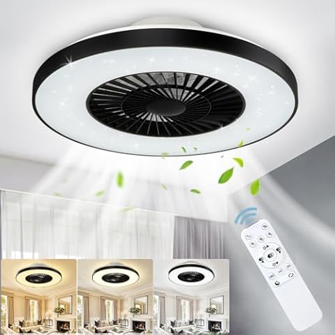 DLLT Modern Ceiling Fans with Lights, 40W LED Dimmable with Remote, 7 Invisible Blades Semi Flush Mount Ceiling Fan Light, 3-Speed Indoor Low Profile Ceiling Fan, 3000K-6500K Timing, Reversible Motor Cover