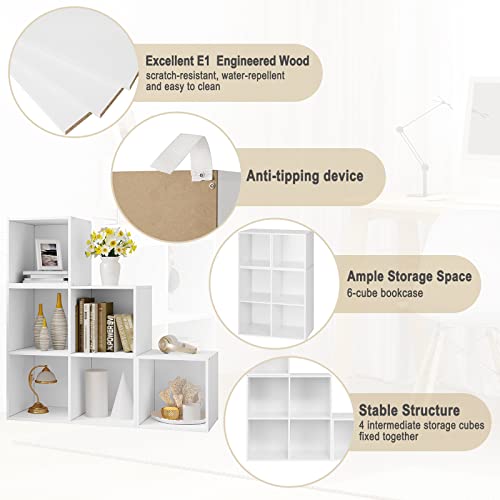 WOLTU weißes Regal für Buch Spielzeug, Bücherregal mit 6 Fächern, Schrank für Wohnzimmer Schlafzimmer, Raumteil aus Holzewerkstoff, Würfelregal Stufenregal 90x90x30 cm SK027ws