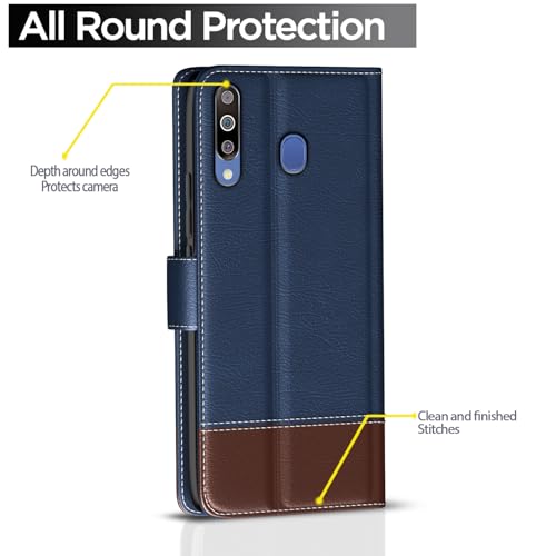 Image of Amazon Basics Flip Cover for Samsung Galaxy M30 | Wallet Style & Stand | Dual-Tone PU Leather Finish | Magnetic Flip Case (Blue & Brown)