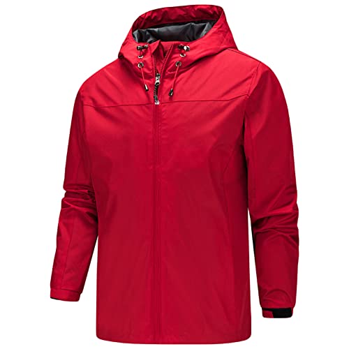 Maiyifu-GJ Men's Waterproof Rain Hooded Jacket Softshell Lightweight Waterproof Coat Hiking Outdoor Windbreaker Raincoat (Red,Small)