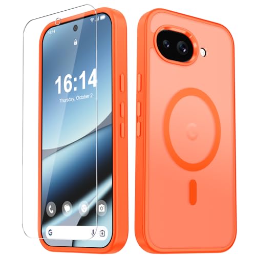 Image of for Google Pixel 10a Case, Matte Magnetic Phone Cover [with 1 Screen Protector] [Support for MagSafe] [Shockproof Military Grade Protection] Translucent Frosted Back, Orange