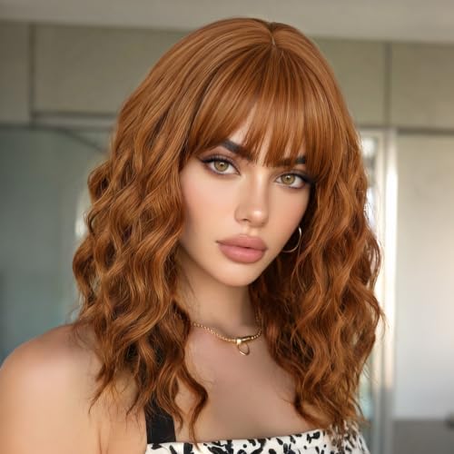 Image of AISI HAIR Synthetic Wavy Curly Bob Wig with Bangs Cooper Blonde Short Wavy Hair for Women Synthetic Heat Resistant Bob Wigs