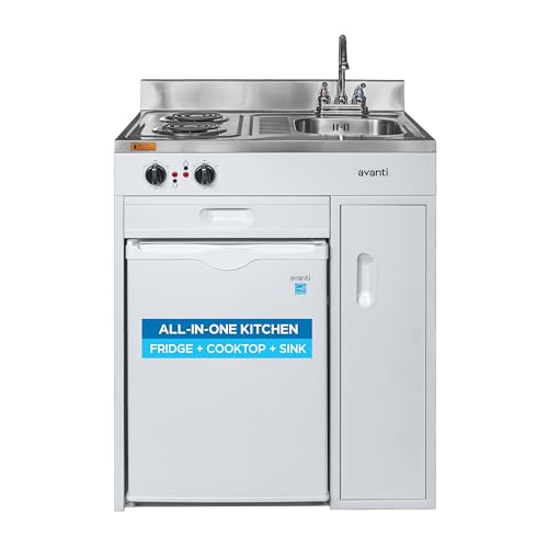 Avanti CK3016 Energy Star Certified Full Compact Kitchen, Built in Kitchenette Stainless Steel Counter, Two Element Cooking Range, Refrigerator & Storage, 30-Inch, White