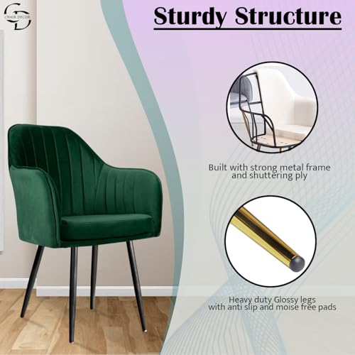 Image of Velvet Accent Chair | Luxury Upholstered Armchair with Sturdy Metal Legs | Modern Comfortable Chair for Living Room, Bedroom, Office, or Cafe (Black Legs, Green)