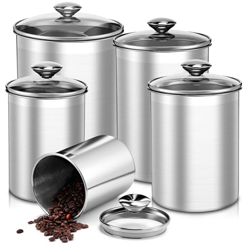 Image of LemonRoad 5 Pcs Stainless Steel Canister with Glass Lids Airtight Food Jar Storage Canister Set (1.0qt / 1.8qt / 2.8qt / 3.9qt / 6.0qt) Food Grade Kitchen Storage Containers for Tea Coffee Sugar Flour