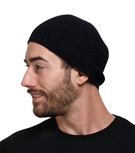 100% Natural Cotton Beanie Skull Cap | Lightweight Single Layer Crochet Cooling Sleep Chemo Caps | Zigzag And Ribbed Patterns (Ribbed - Black) #TOP1