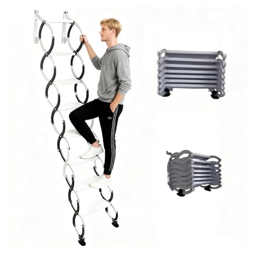 Escalier Pliant Mural, échelle escamotable en Acier, capacité de Charge 300 kg, échelle télescopique en métal avec pédales Larges, pour Maison, Garage, sous-Sol, supermarchés(6 Steps 155CM)