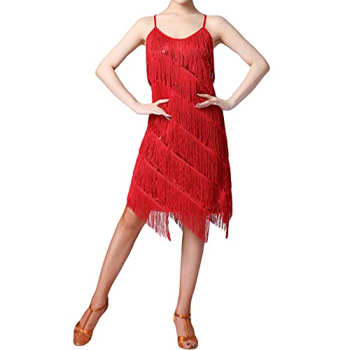 FeMereina Vestido de baile latino con borlas de lentejuelas para mujer de los años 20, vestidos de fiesta de cóctel de rumba, disfraces de salón, rosso, M