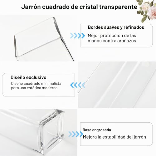 Miniatura 3 de Assrect Jarrones De Cristal Cuadrados Transparentes De 30 Cm De Alto, Hechos A Mano, Moderno, Adorno Floral Para Boda, Fiesta, Hogar, Oficina, Decoración De Mesa